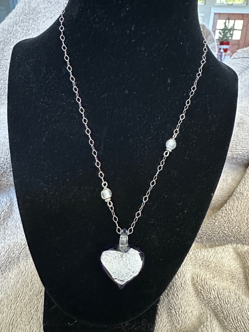 SOLD Milros Blue Murano Glass Foil Heart Pendant Necklace 14K White Gold Chain - Picture 4 of 13